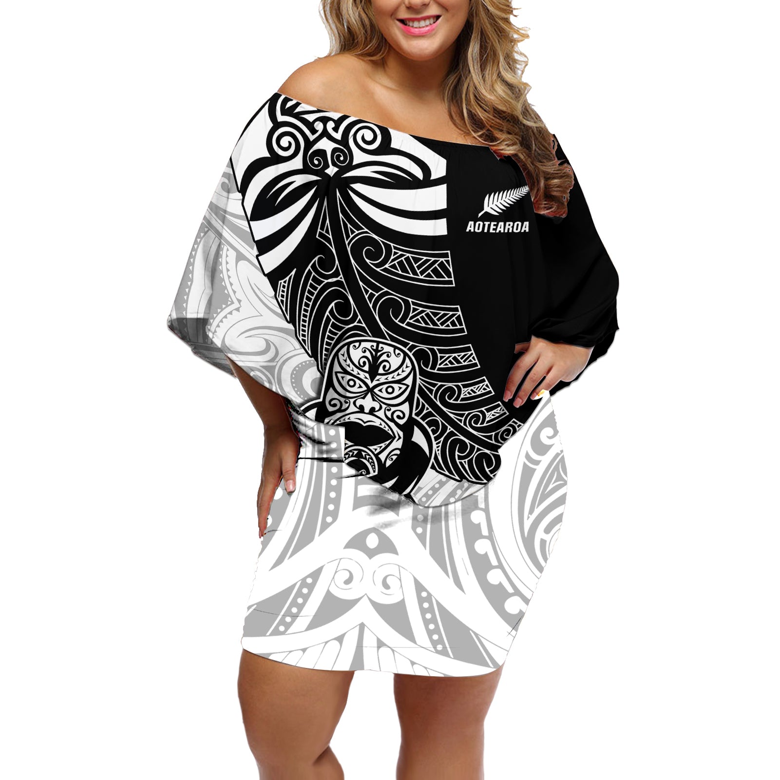 Custom New Zealand Fern Rugby Off Shoulder Short Dress World Cup 2023 Go Aotearoa Maori Pattern LT05 Women Black - Polynesian Pride