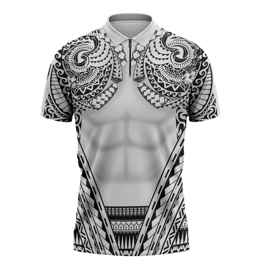 Polynesian Tattoo Inspired Cosplay Costume Zipper Polo Shirt Tribal Warrior White - Polynesian Pride