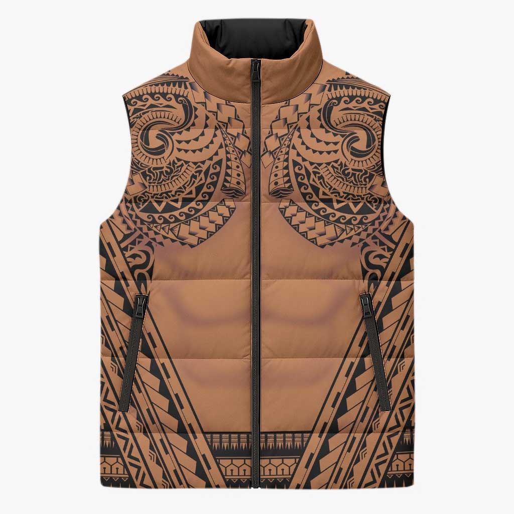 Polynesian Tattoo Inspired Cosplay Costume Sleeveless Puffer Jacket Tribal Warrior LT05 Unisex Brown - Polynesian Pride