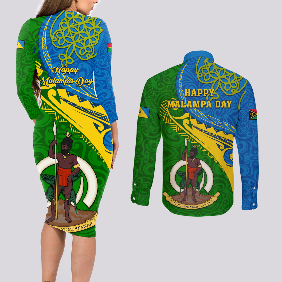 malampa-day-couples-matching-long-sleeve-bodycon-dress-and-long-sleeve-button-shirts-sand-drawing-vanuatuan-pattern