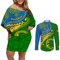 malampa-day-couples-matching-off-shoulder-short-dress-and-long-sleeve-button-shirts-sand-drawing-vanuatuan-pattern