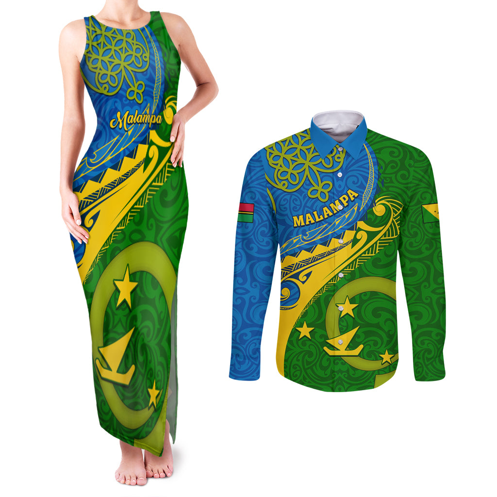malampa-day-couples-matching-tank-maxi-dress-and-long-sleeve-button-shirts-sand-drawing-vanuatuan-pattern