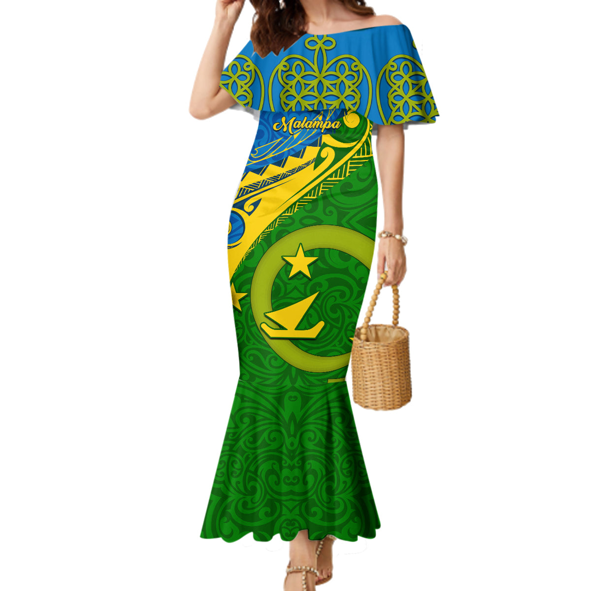 Malampa Day Family Matching Mermaid Dress and Hawaiian Shirt Sand Drawing Vanuatuan Pattern LT05 Mom's Dress Green - Polynesian Pride