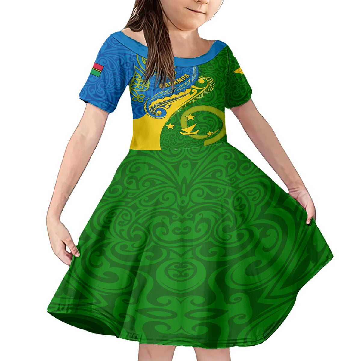 Malampa Day Family Matching Short Sleeve Bodycon Dress and Hawaiian Shirt Sand Drawing Vanuatuan Pattern LT05 Daughter's Dress Green - Polynesian Pride