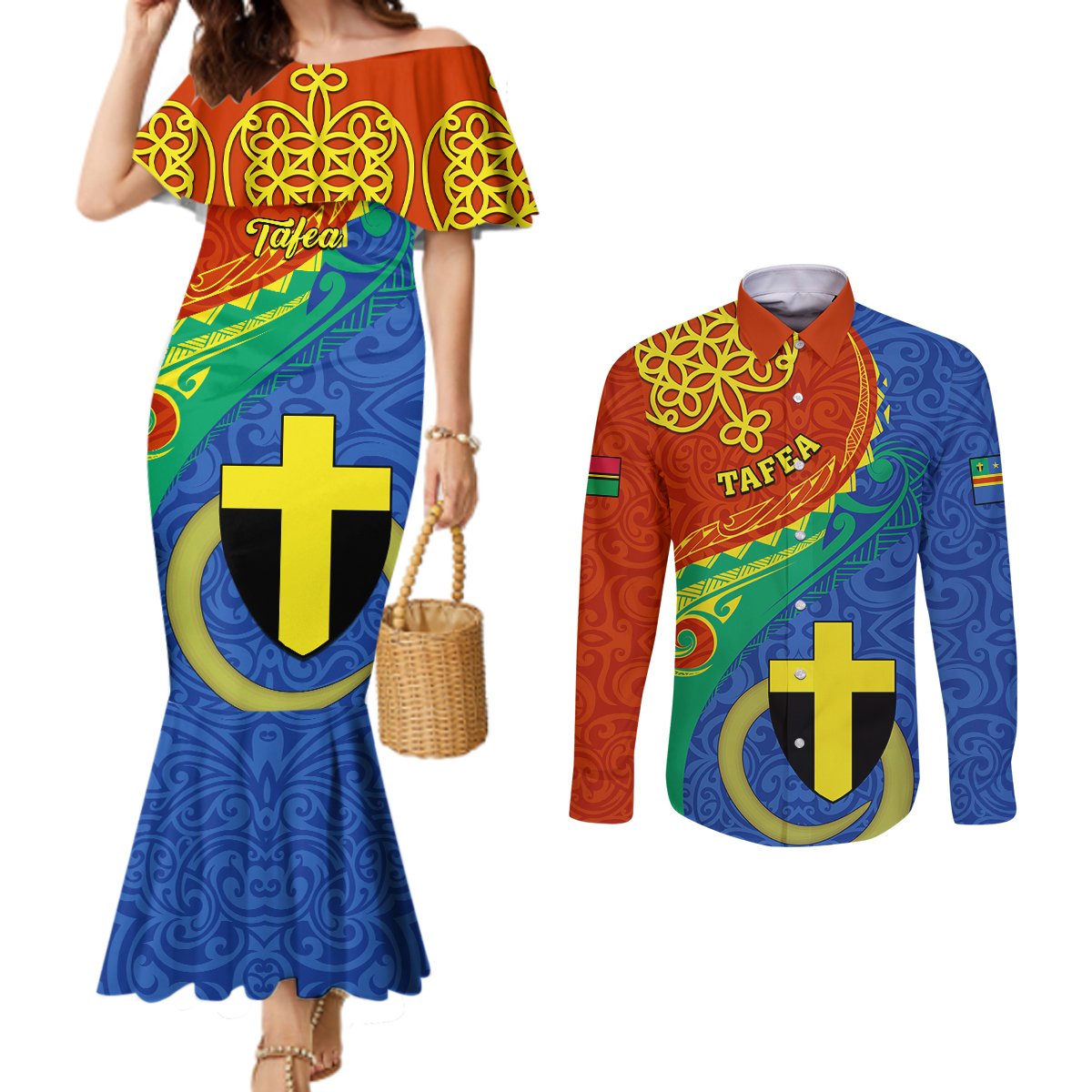tafea-day-couples-matching-mermaid-dress-and-long-sleeve-button-shirts-sand-drawing-vanuatuan-pattern