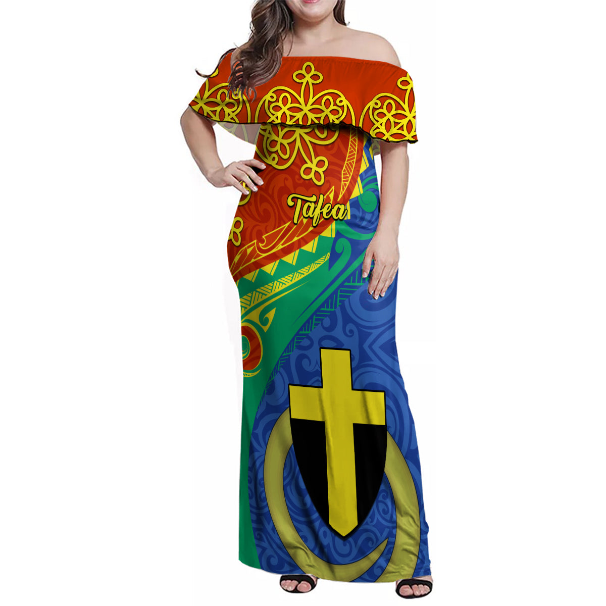 Tafea Day Family Matching Off Shoulder Maxi Dress and Hawaiian Shirt Sand Drawing Vanuatuan Pattern LT05 Mom's Dress Blue - Polynesian Pride