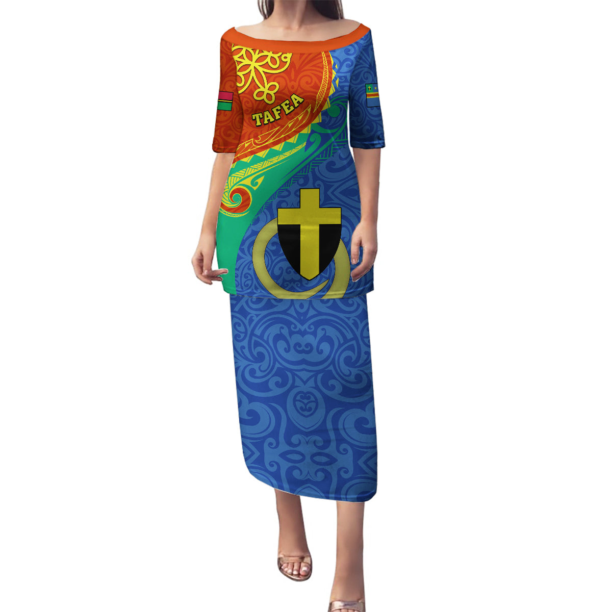 Personalized Tafea Day Family Matching Puletasi Dress and Hawaiian Shirt Sand Drawing Vanuatuan Pattern LT05 Mom's Dress Blue - Polynesian Pride