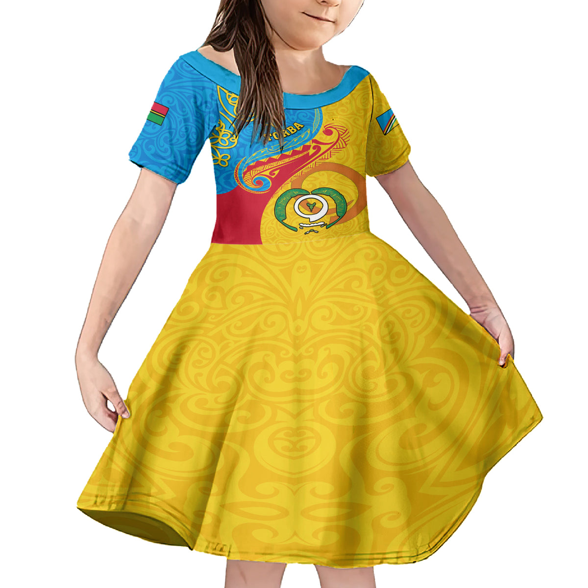 Torba Day Family Matching Short Sleeve Bodycon Dress and Hawaiian Shirt Sand Drawing Vanuatuan Pattern LT05 Daughter's Dress Yellow - Polynesian Pride