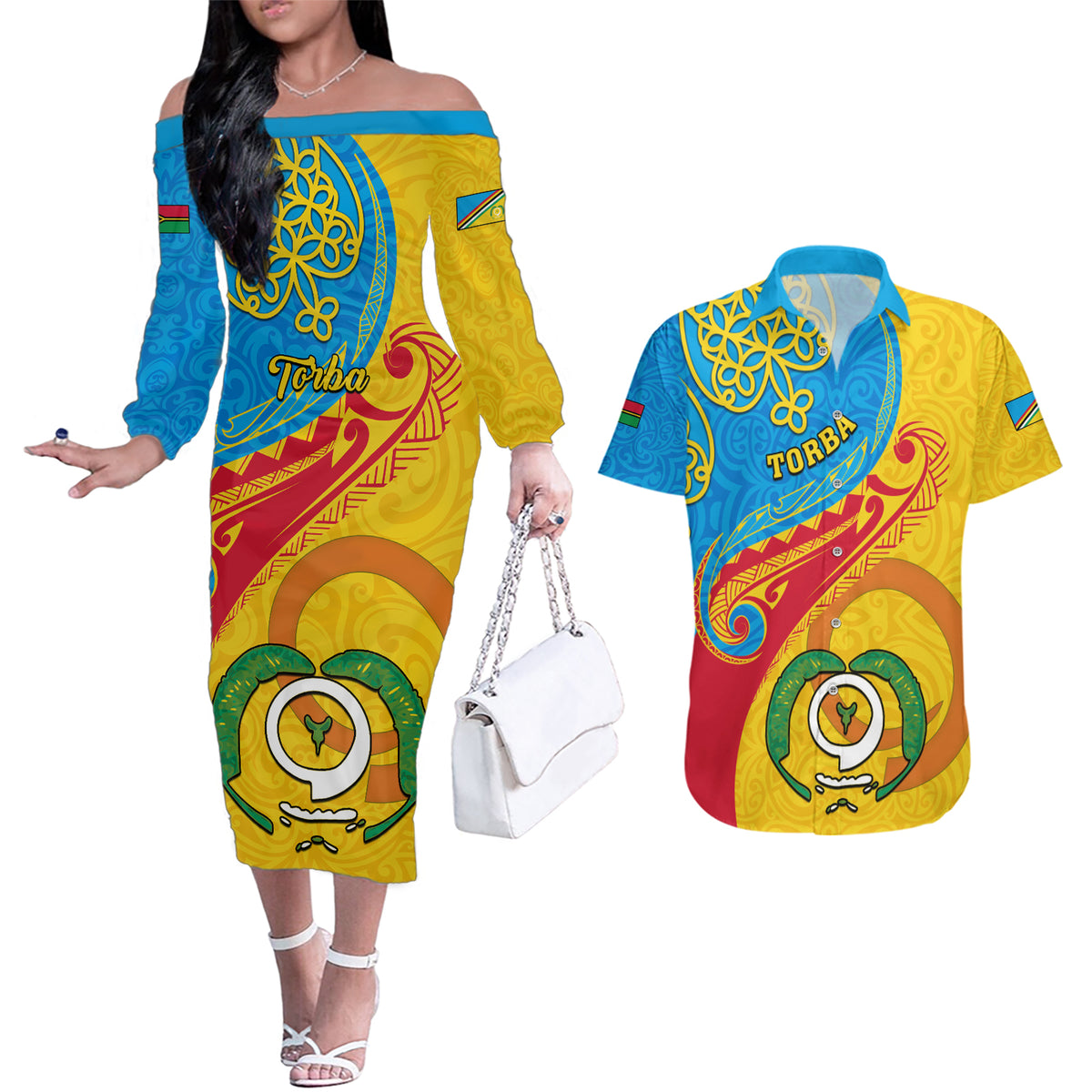 personalized-torba-day-couples-matching-off-the-shoulder-long-sleeve-dress-and-hawaiian-shirt-sand-drawing-vanuatuan-pattern