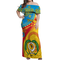 Personalized Torba Day Off Shoulder Maxi Dress Sand Drawing Vanuatuan Pattern LT05 Women Yellow - Polynesian Pride