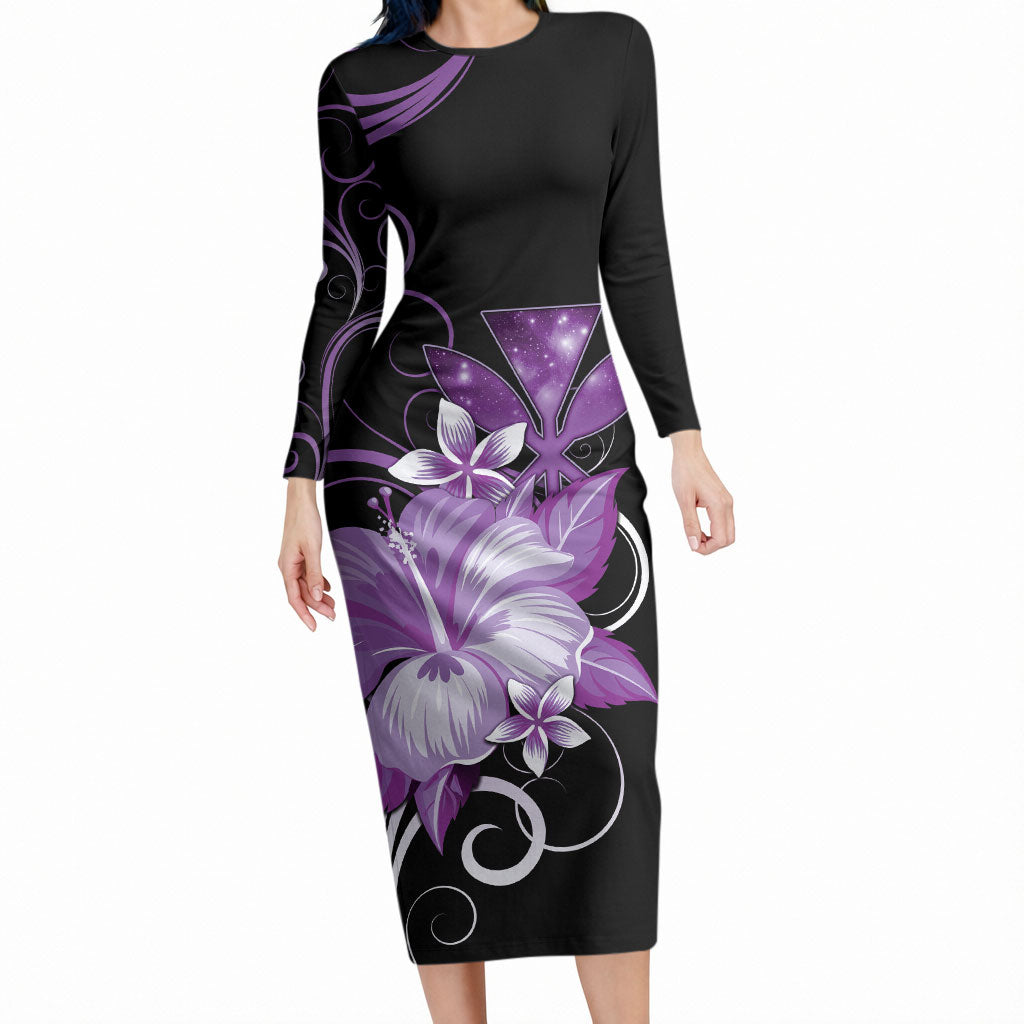 Hawaii Makahiki Kanaka Maoli Long Sleeve Bodycon Dress Purple Hibiscus Floral Vibes LT05 Long Dress Purple - Polynesian Pride