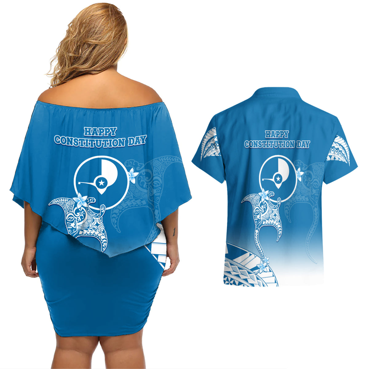 FSM Yap Constitution Day Couples Matching Off Shoulder Short Dress and Hawaiian Shirt Polynesian Batoids LT05 - Polynesian Pride