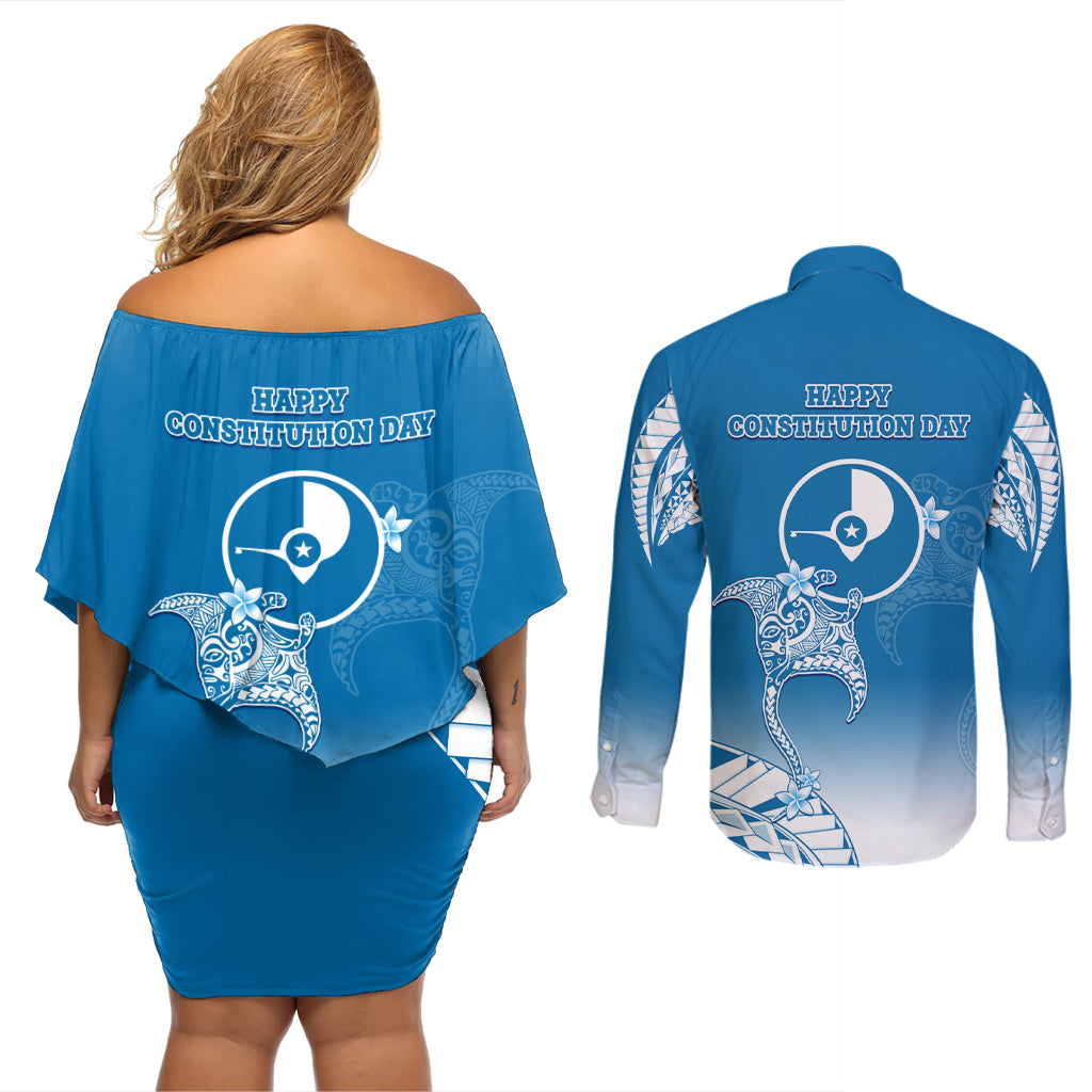 FSM Yap Constitution Day Couples Matching Off Shoulder Short Dress and Long Sleeve Button Shirt Polynesian Batoids LT05 - Polynesian Pride