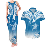FSM Yap Constitution Day Couples Matching Tank Maxi Dress and Hawaiian Shirt Polynesian Batoids LT05 Blue - Polynesian Pride