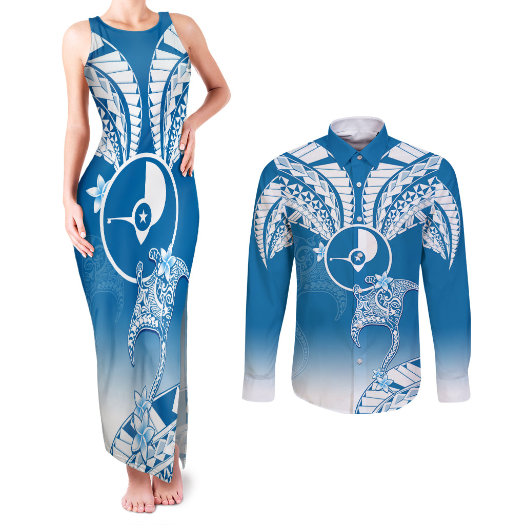 FSM Yap Constitution Day Couples Matching Tank Maxi Dress and Long Sleeve Button Shirt Polynesian Batoids LT05 Blue - Polynesian Pride