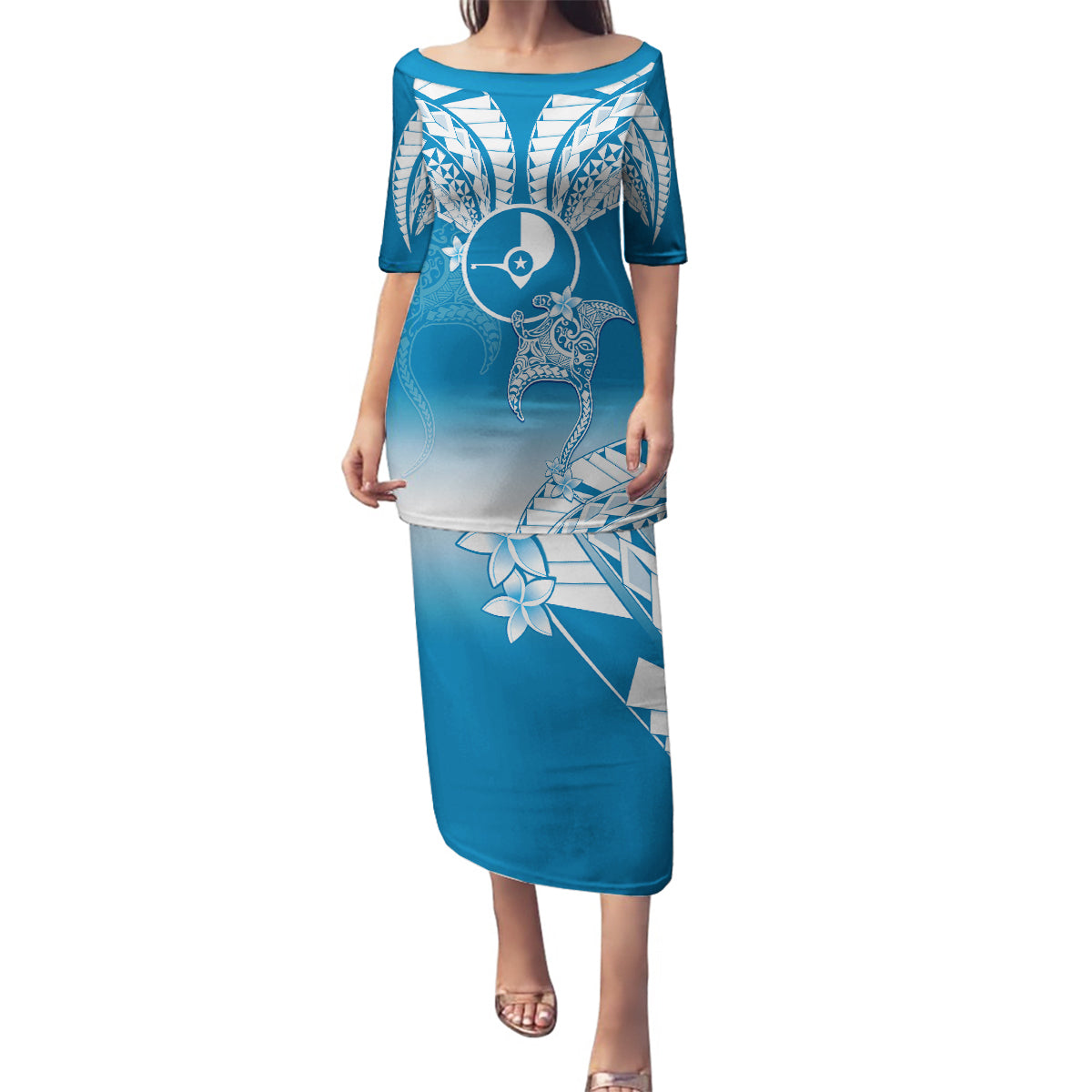 FSM Yap Constitution Day Family Matching Puletasi Dress and Hawaiian Shirt Polynesian Batoids LT05 Mom's Dress Blue - Polynesian Pride