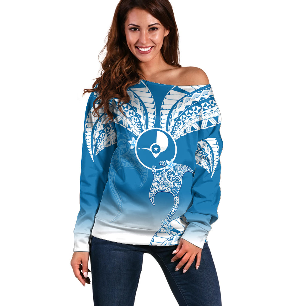 FSM Yap Constitution Day Off Shoulder Sweater Polynesian Batoids LT05 Women Blue - Polynesian Pride