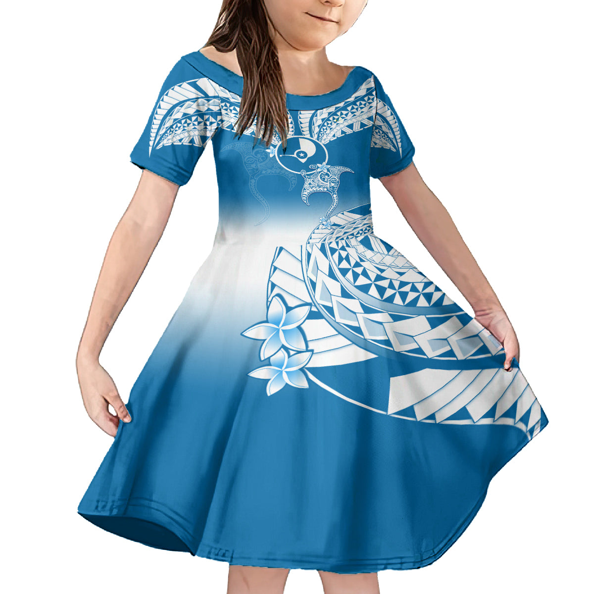 Personalised FSM Yap Constitution Day Family Matching Puletasi Dress and Hawaiian Shirt Polynesian Batoids LT05 Daughter's Dress Blue - Polynesian Pride