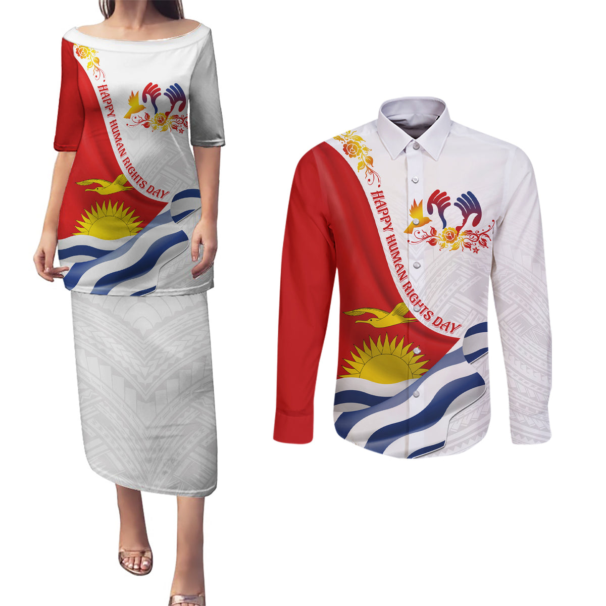 Personalised Kiribati Human Rights Day Couples Matching Puletasi Dress and Long Sleeve Button Shirt Polynesian Style LT05 White - Polynesian Pride