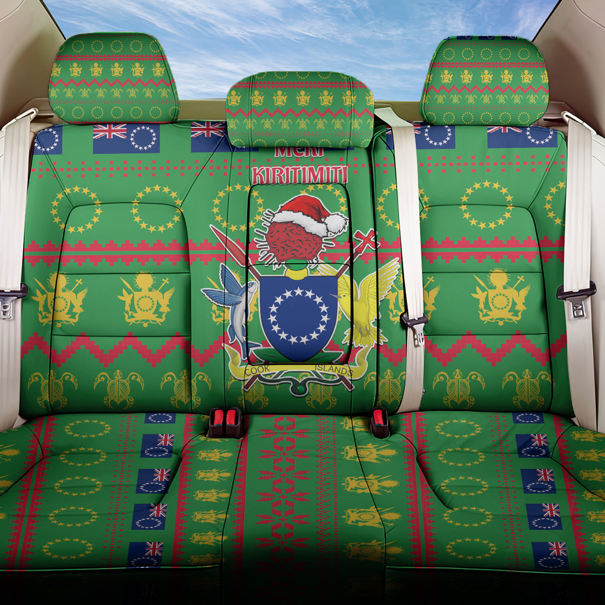 Cook Islands Christmas Back Car Seat Cover Santa Coat Of Arms Meri Kiritimiti LT05 One Size Green - Polynesian Pride