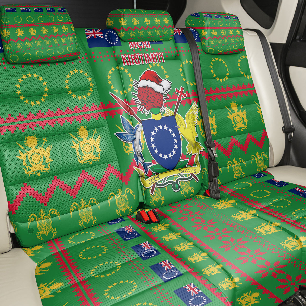 Cook Islands Christmas Back Car Seat Cover Santa Coat Of Arms Meri Kiritimiti LT05 - Polynesian Pride