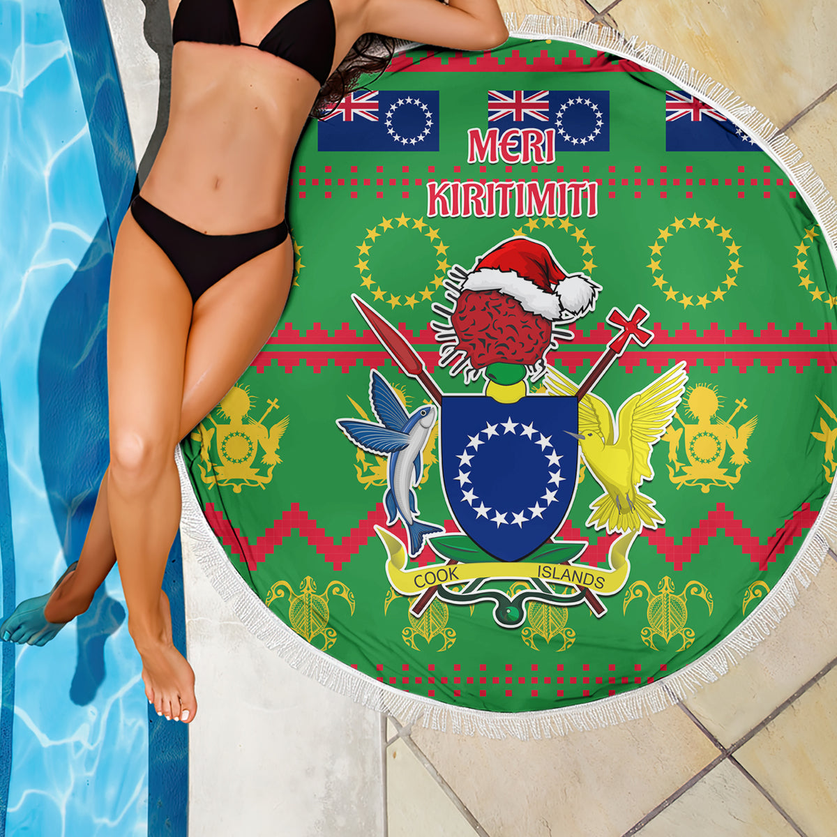 Cook Islands Christmas Beach Blanket Santa Coat Of Arms Meri Kiritimiti LT05 - Wonder Print Shop