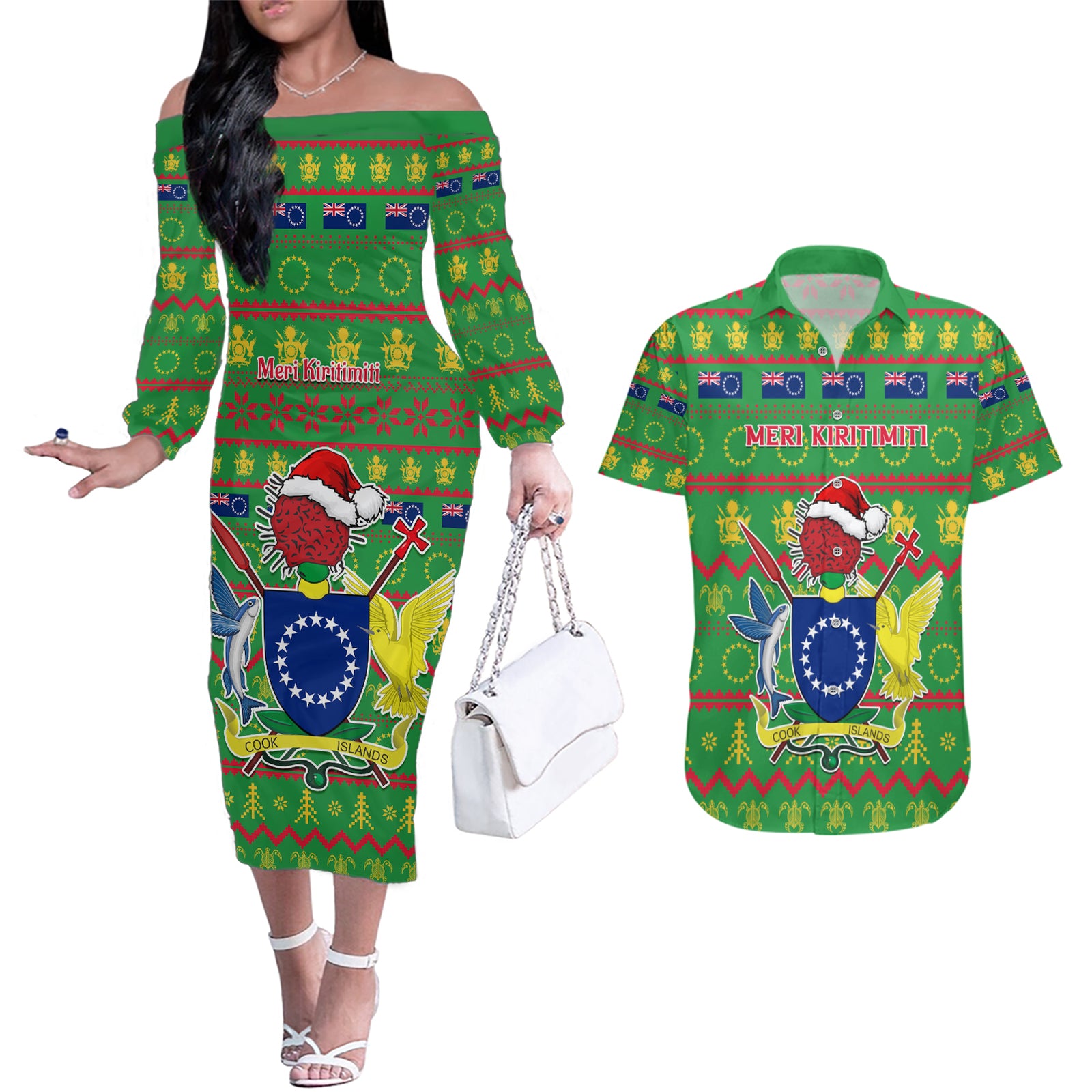Personalised Cook Islands Christmas Couples Matching Off The Shoulder Long Sleeve Dress and Hawaiian Shirt Santa Coat Of Arms Meri Kiritimiti LT05 Green - Polynesian Pride