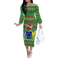 Personalised Cook Islands Christmas Family Matching Off Shoulder Long Sleeve Dress and Hawaiian Shirt Santa Coat Of Arms Meri Kiritimiti LT05 Mom's Dress Green - Polynesian Pride