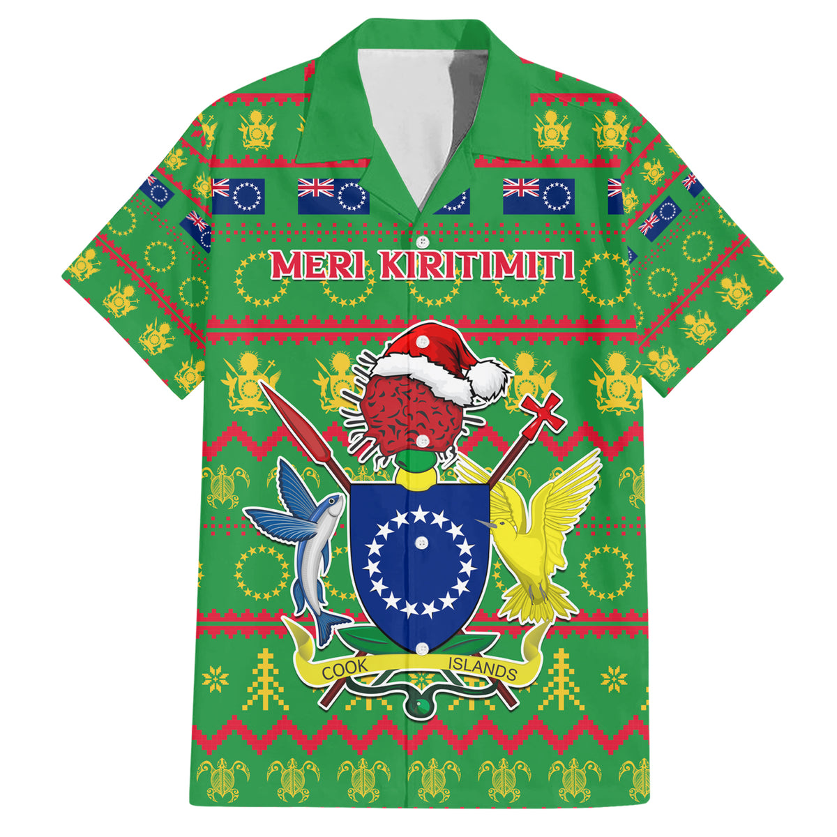 Personalised Cook Islands Christmas Family Matching Short Sleeve Bodycon Dress and Hawaiian Shirt Santa Coat Of Arms Meri Kiritimiti LT05 Dad's Shirt - Short Sleeve Green - Polynesian Pride