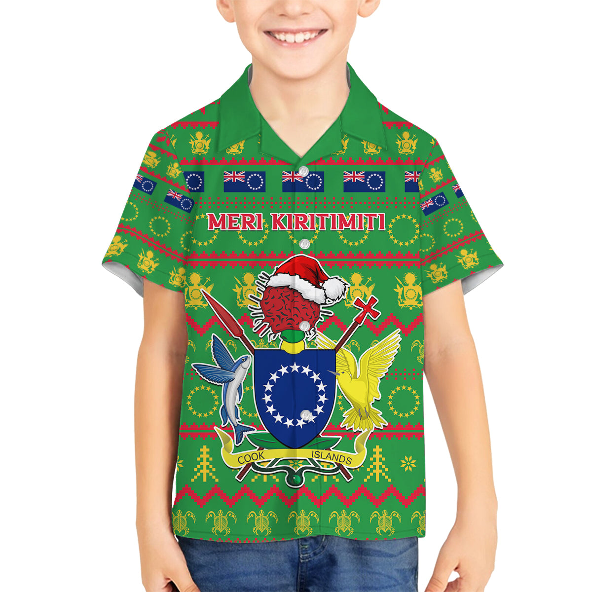 Personalised Cook Islands Christmas Family Matching Tank Maxi Dress and Hawaiian Shirt Santa Coat Of Arms Meri Kiritimiti LT05 Son's Shirt Green - Polynesian Pride