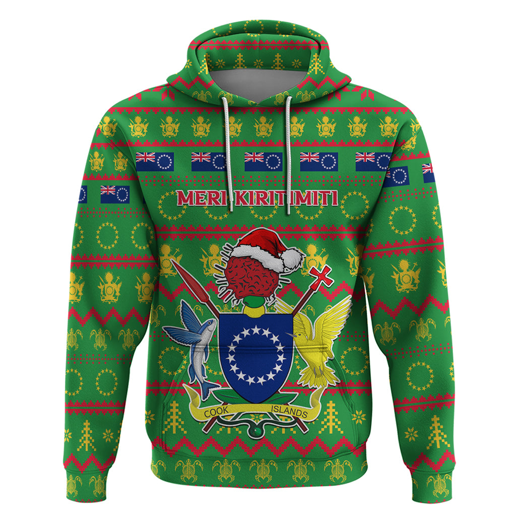 Personalised Cook Islands Christmas Hoodie Santa Coat Of Arms Meri Kiritimiti LT05 Green - Polynesian Pride