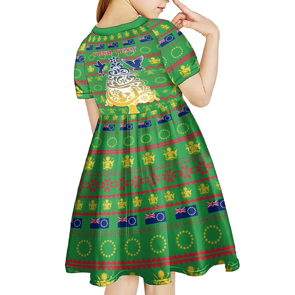 Personalised Cook Islands Christmas Kid Short Sleeve Dress Santa Coat Of Arms Meri Kiritimiti LT05 - Polynesian Pride