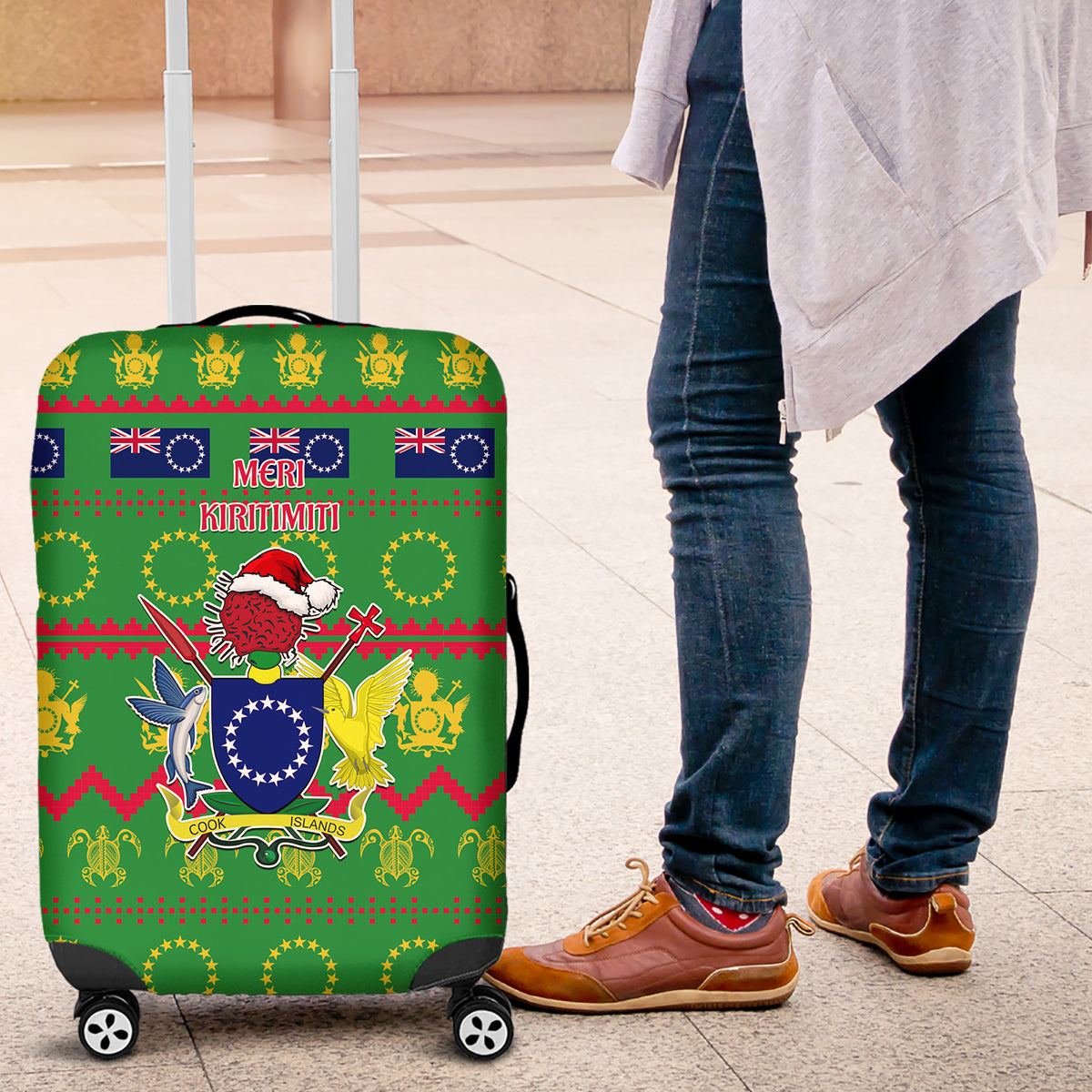 Cook Islands Christmas Luggage Cover Santa Coat Of Arms Meri Kiritimiti LT05 Green - Polynesian Pride