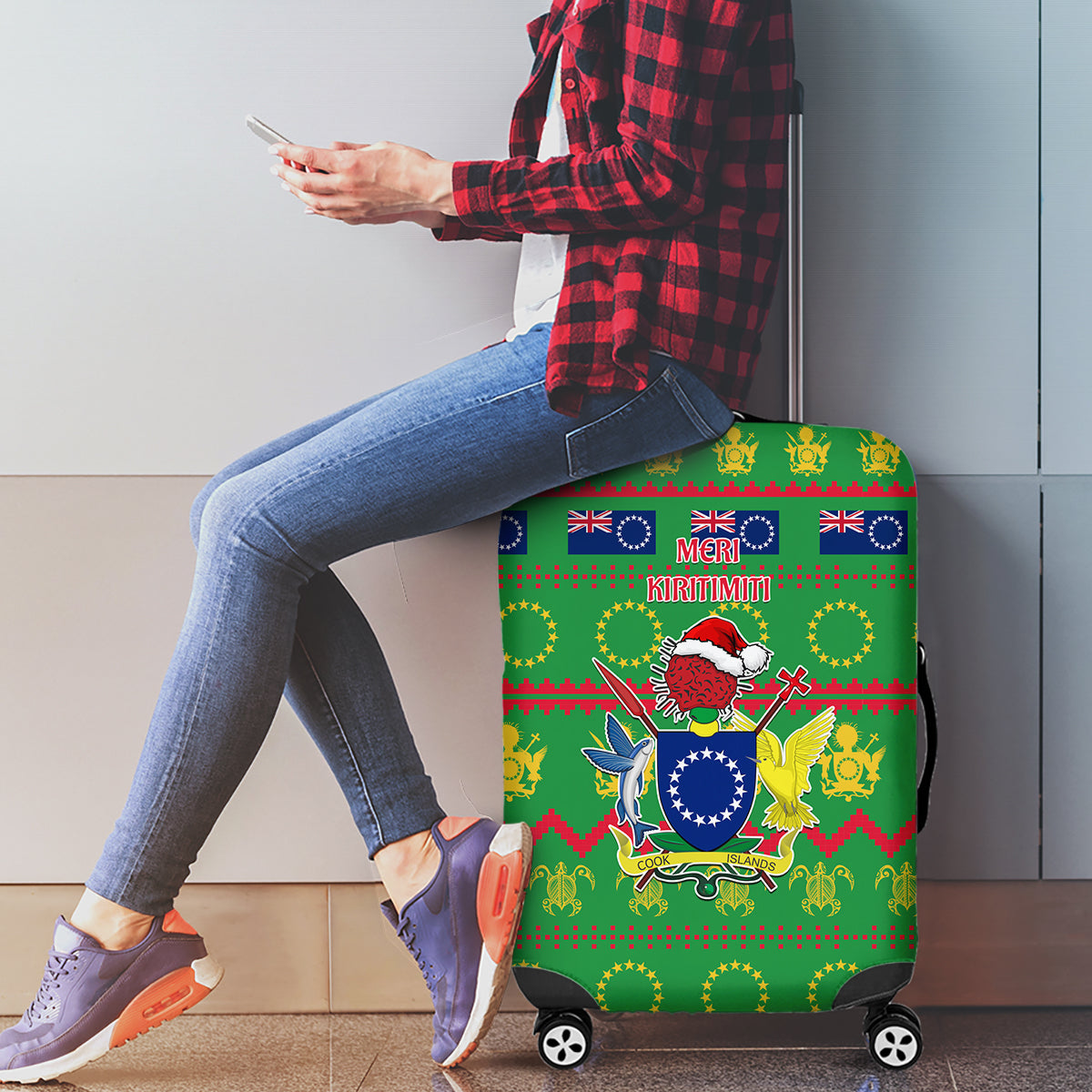 Cook Islands Christmas Luggage Cover Santa Coat Of Arms Meri Kiritimiti LT05 - Polynesian Pride
