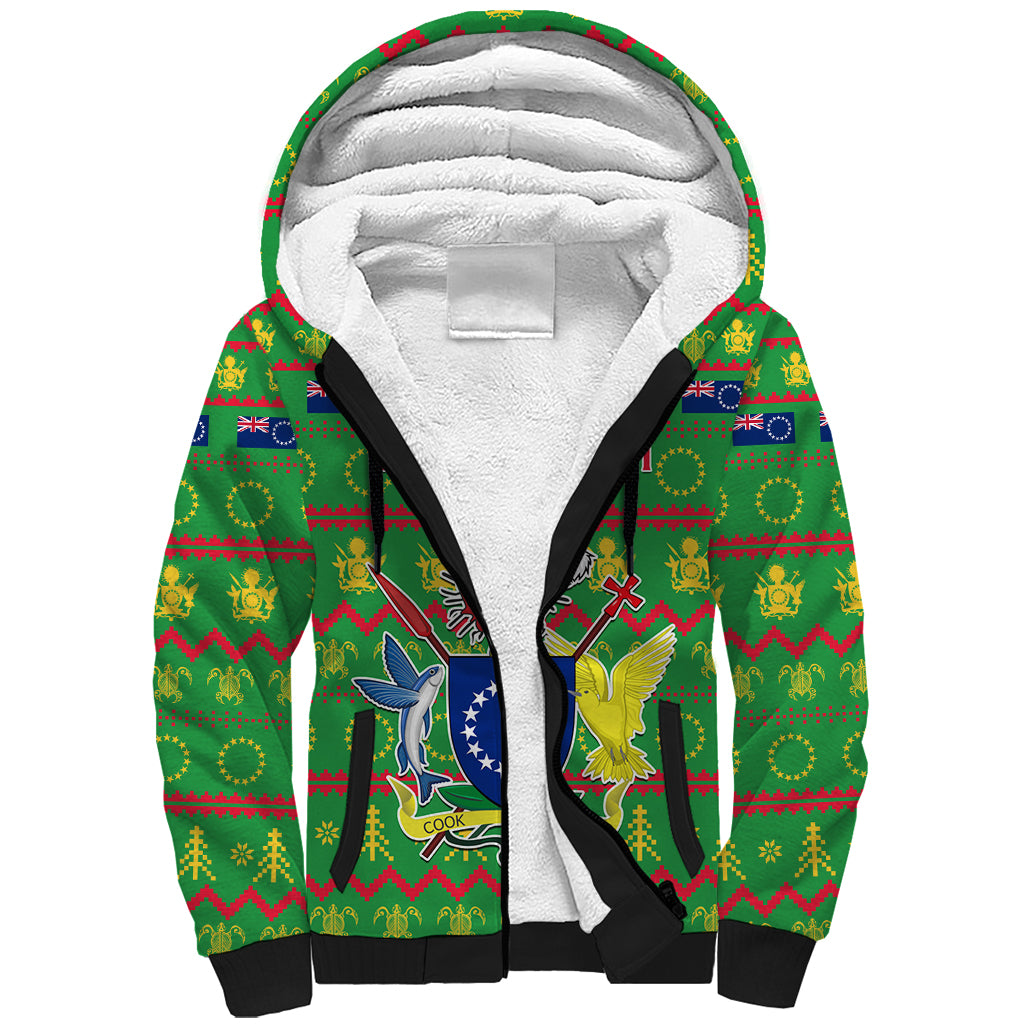 Personalised Cook Islands Christmas Sherpa Hoodie Santa Coat Of Arms Meri Kiritimiti LT05 Unisex Green - Polynesian Pride