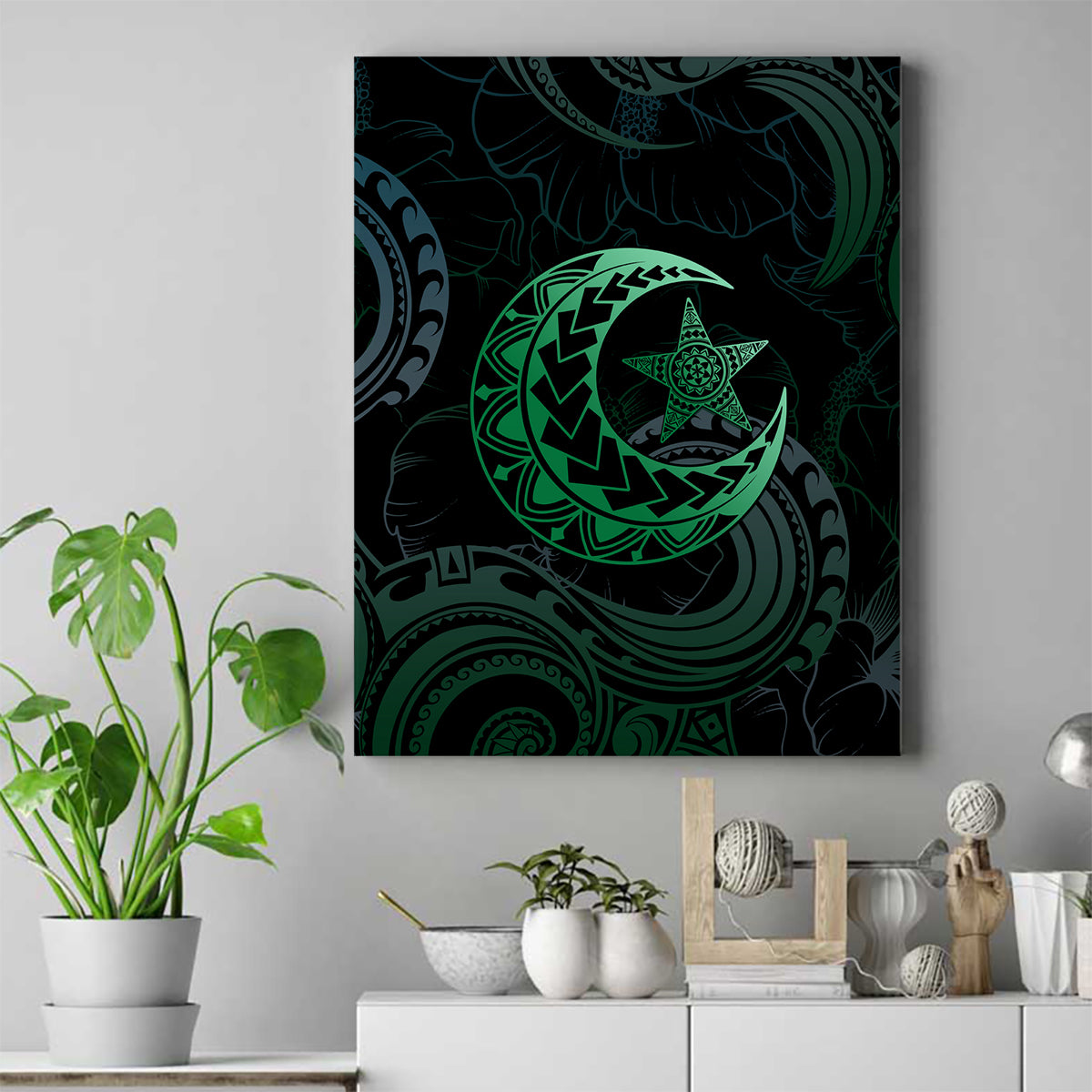 Polynesia Canvas Wall Art With Islam Crescent And Star LT05 Green - Polynesian Pride