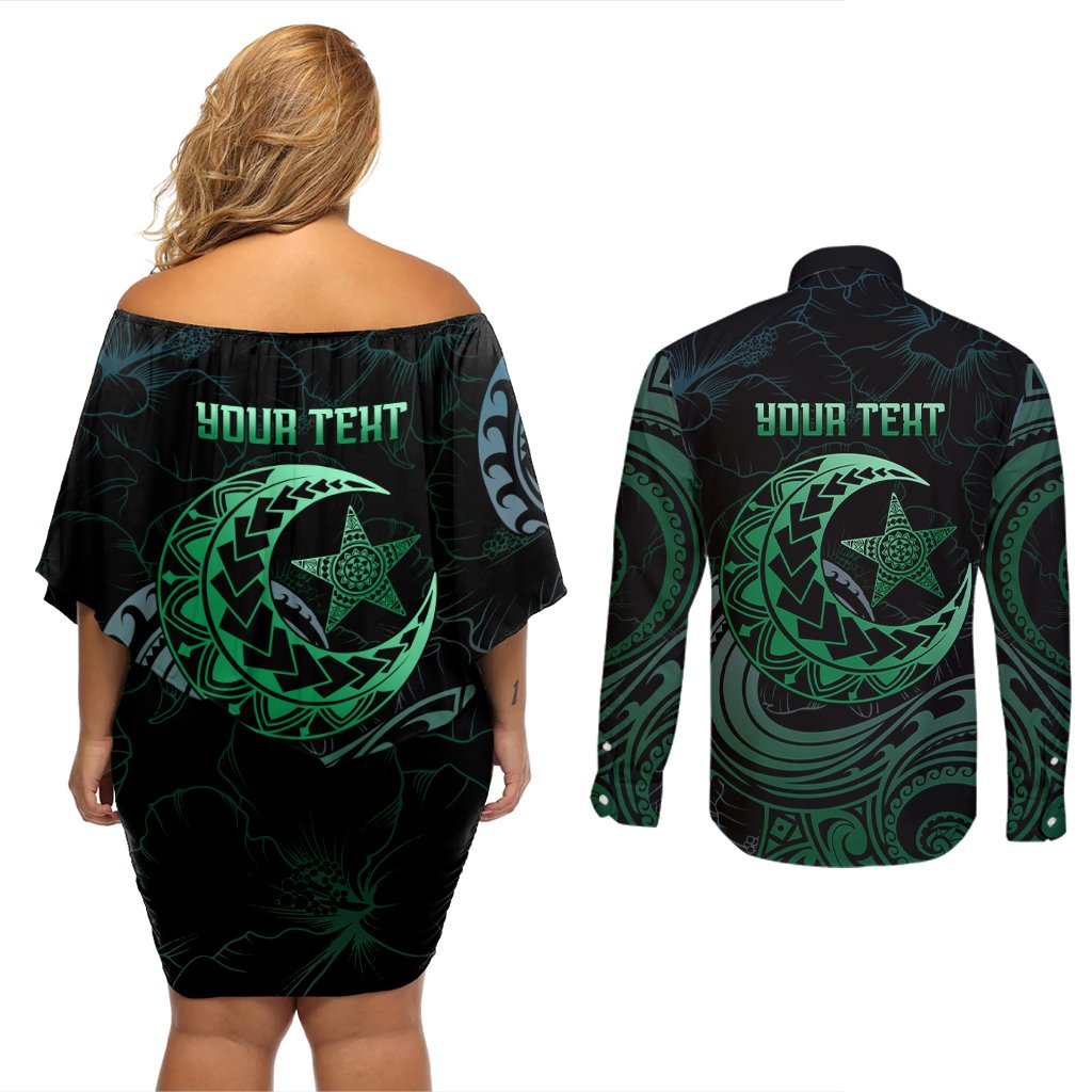Personalised Polynesia Couples Matching Off Shoulder Short Dress and Long Sleeve Button Shirt With Islam Crescent And Star LT05 - Polynesian Pride