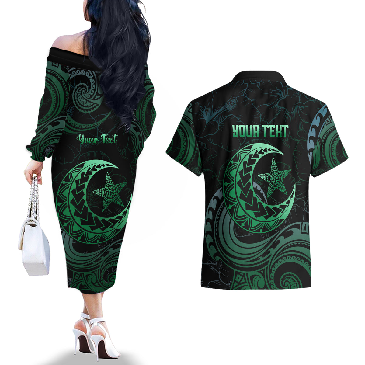 Personalised Polynesia Couples Matching Off The Shoulder Long Sleeve Dress and Hawaiian Shirt With Islam Crescent And Star LT05 - Polynesian Pride