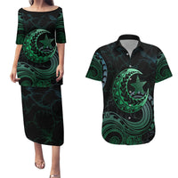 Personalised Polynesia Couples Matching Puletasi Dress and Hawaiian Shirt With Islam Crescent And Star LT05 Green - Polynesian Pride