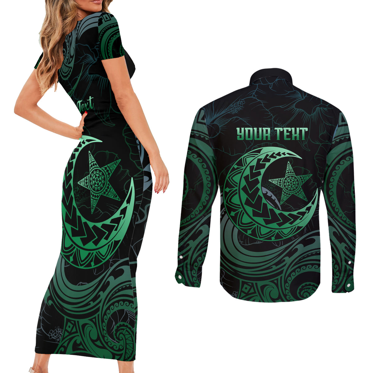 Personalised Polynesia Couples Matching Short Sleeve Bodycon Dress and Long Sleeve Button Shirt With Islam Crescent And Star LT05 - Polynesian Pride