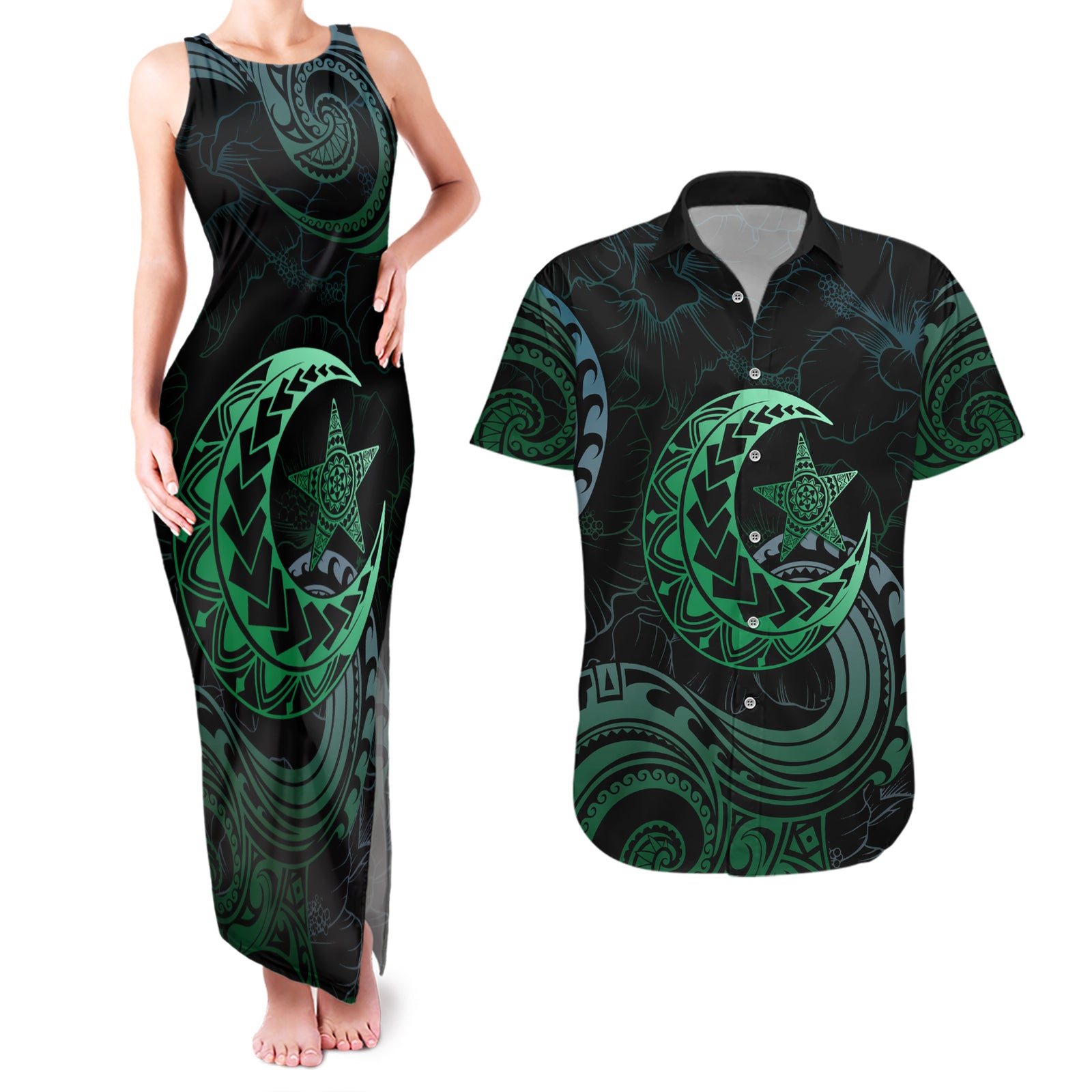 Personalised Polynesia Couples Matching Tank Maxi Dress and Hawaiian Shirt With Islam Crescent And Star LT05 Green - Polynesian Pride
