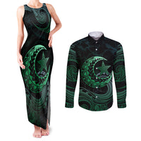 Personalised Polynesia Couples Matching Tank Maxi Dress and Long Sleeve Button Shirt With Islam Crescent And Star LT05 Green - Polynesian Pride