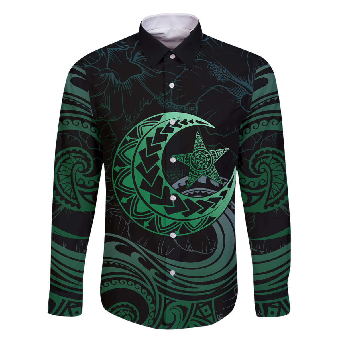 Personalised Polynesia Family Matching Off Shoulder Maxi Dress and Hawaiian Shirt With Islam Crescent And Star LT05 Dad's Shirt - Long Sleeve Green - Polynesian Pride