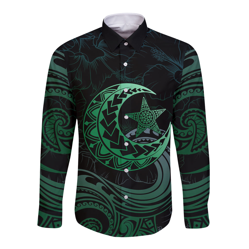 Personalised Polynesia Long Sleeve Button Shirt With Islam Crescent And Star LT05 Unisex Green - Polynesian Pride