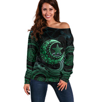 Personalised Polynesia Off Shoulder Sweater With Islam Crescent And Star LT05 Women Green - Polynesian Pride
