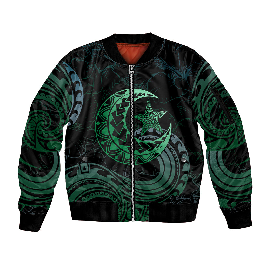 Personalised Polynesia Sleeve Zip Bomber Jacket With Islam Crescent And Star LT05 Unisex Green - Polynesian Pride