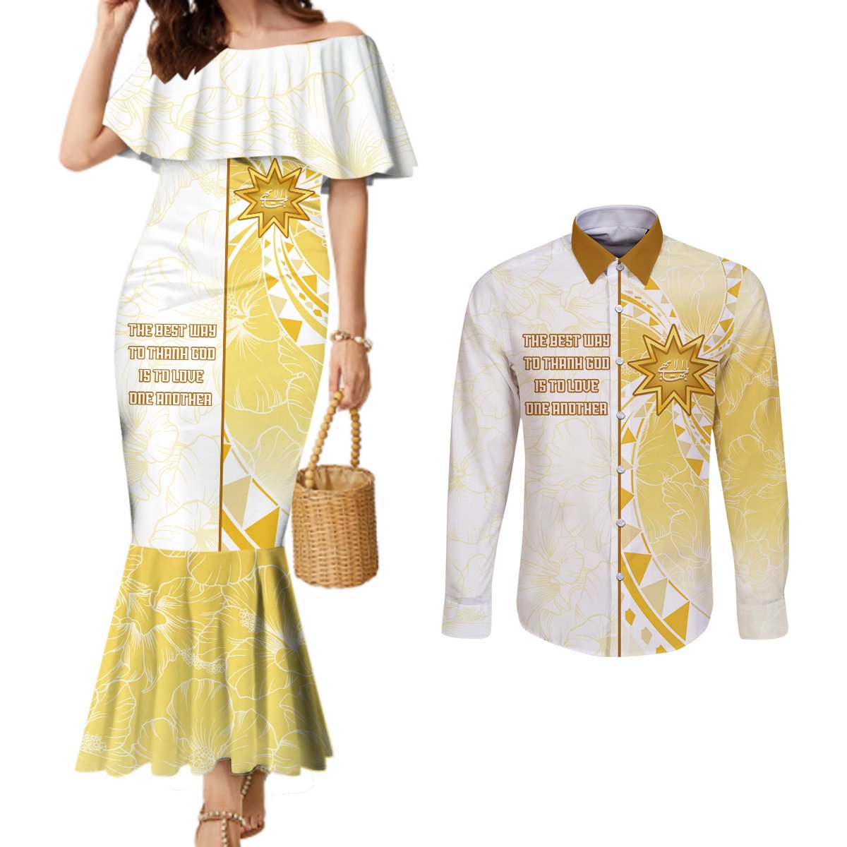 Personalised Polynesia Couples Matching Mermaid Dress and Long Sleeve Button Shirt Bahai Faith Symbol LT05 Yellow - Polynesian Pride