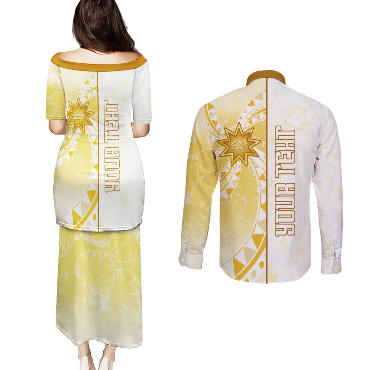 Personalised Polynesia Couples Matching Puletasi Dress and Long Sleeve Button Shirt Bahai Faith Symbol LT05 - Polynesian Pride