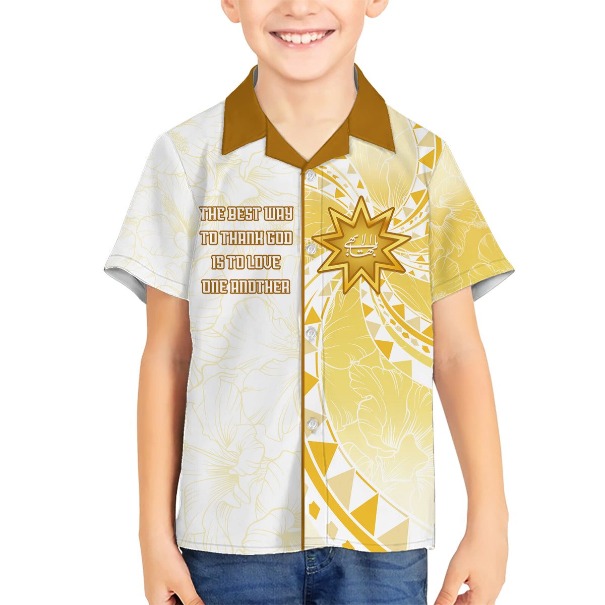 Personalised Polynesia Family Matching Short Sleeve Bodycon Dress and Hawaiian Shirt Bahai Faith Symbol LT05 Son's Shirt Yellow - Polynesian Pride