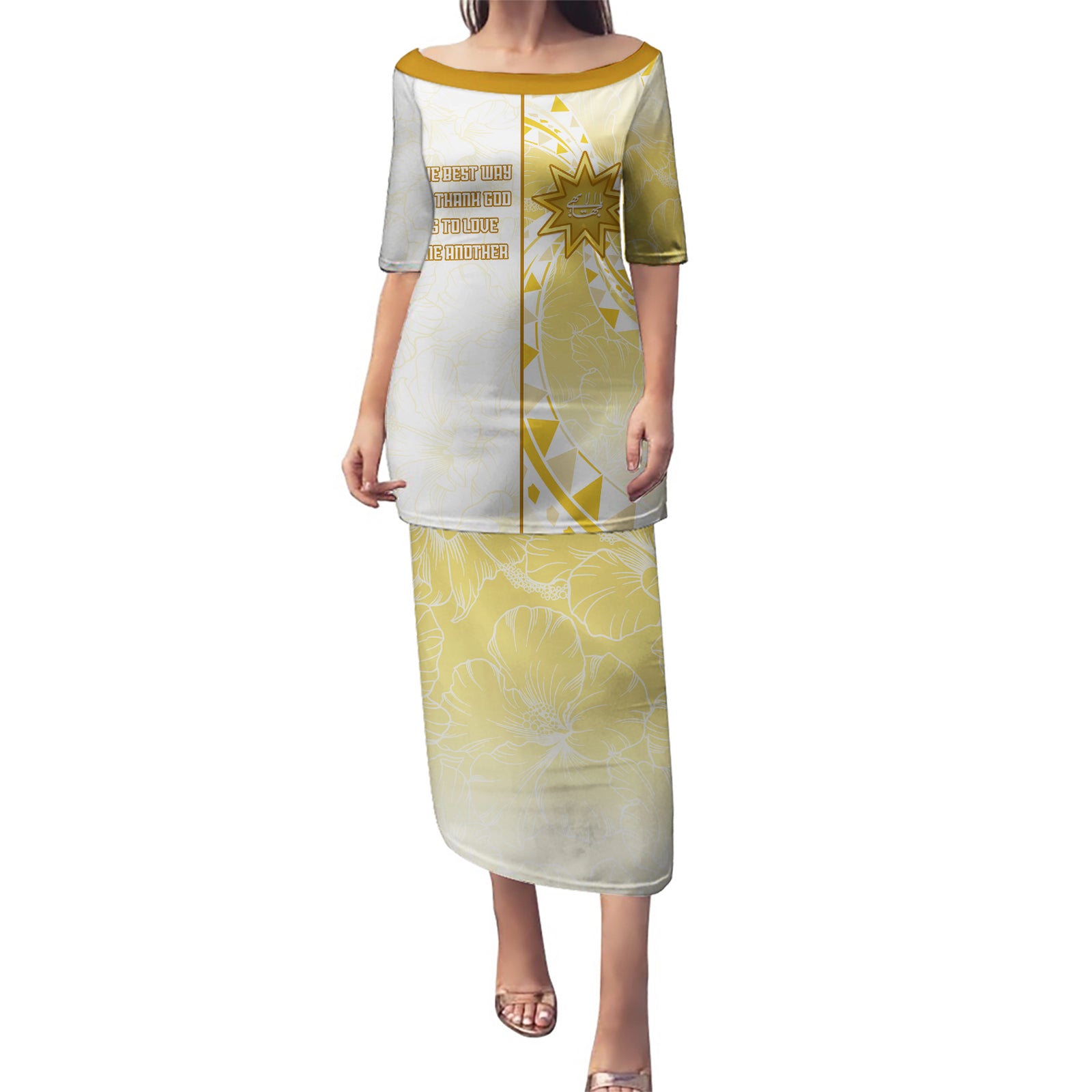 Personalised Polynesia Puletasi Bahai Faith Symbol LT05 Long Dress Yellow - Polynesian Pride